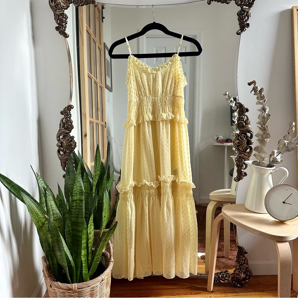 H&M Yellow Ruffle Choupette Chiffon Midi Dress